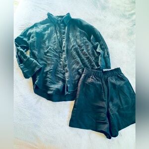 Zara Womens Black Linen Shirt And Shorts Set S
